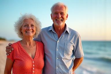 Pareja mayor sonriendo en la playa